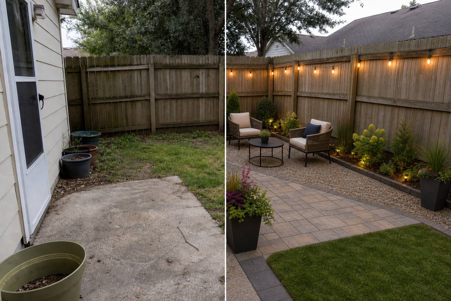 Before and after AI yard design transformation for a suburban home